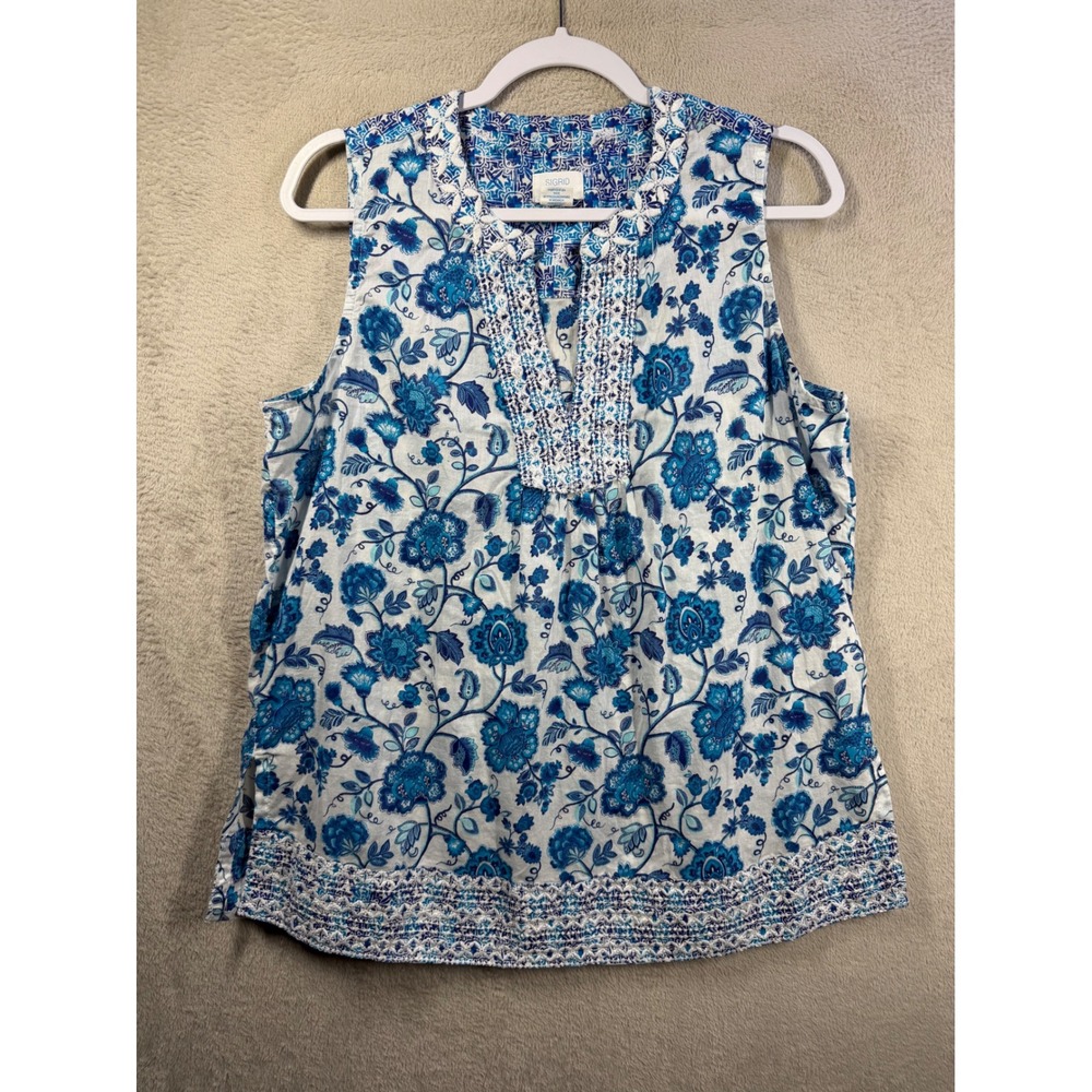 Sigrid Olsen Sleeveless Top Women L Blue Floral Embroidered Trim Resortwear